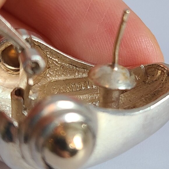 KRYPELL 925 Silver 14K yellow gold, Vintage Two Fluted Shell Omega Earrings 585 - Picture 3 of 9